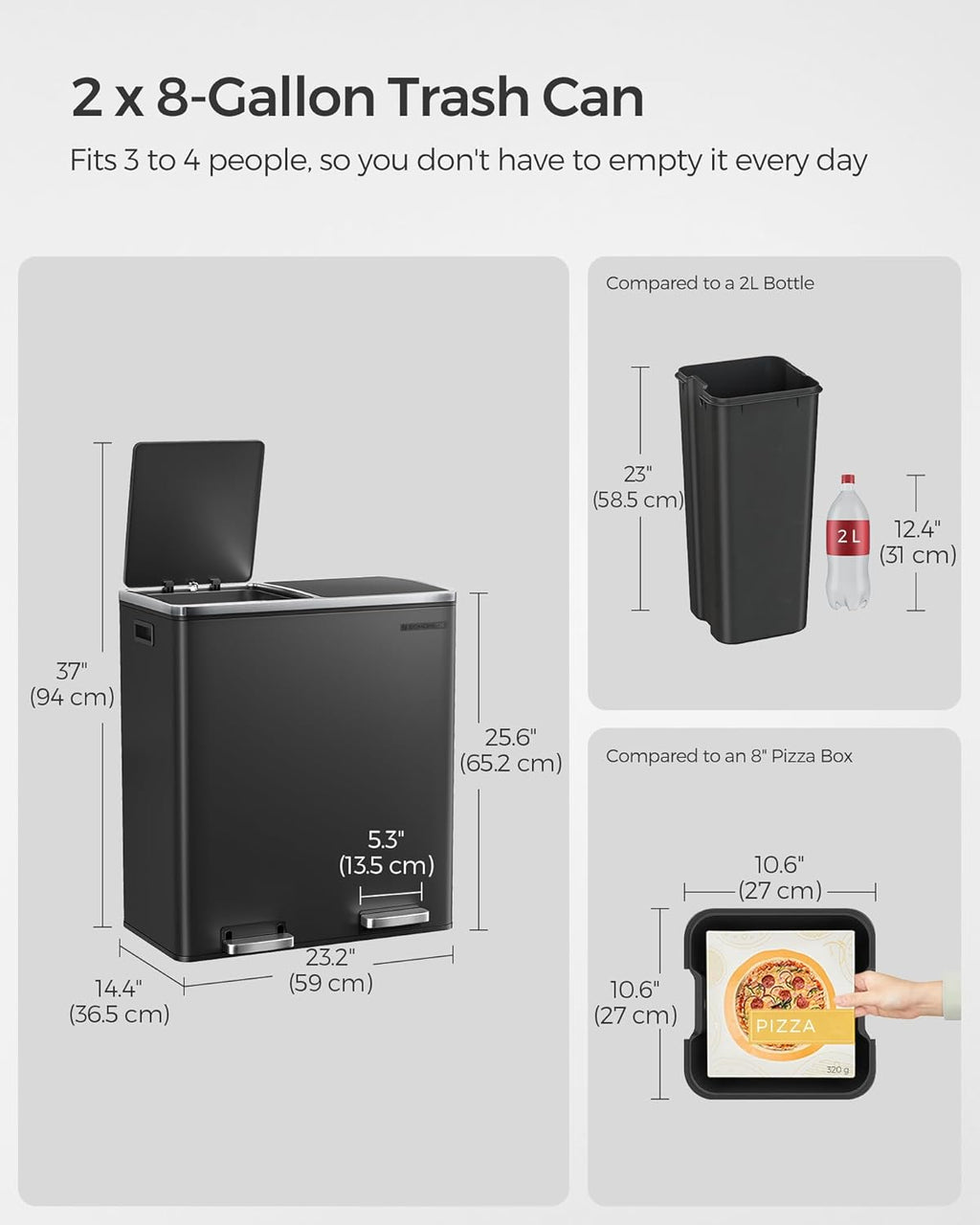 SONGMICS Trash Can, 2 x 8 Gallon (2 x 30 L) Garbage Can for Kitchen, with 15 Trash Bags, 2 Compartments, Plastic Inner Buckets and Hinged Lids, Airtight, Black ULTB60BK