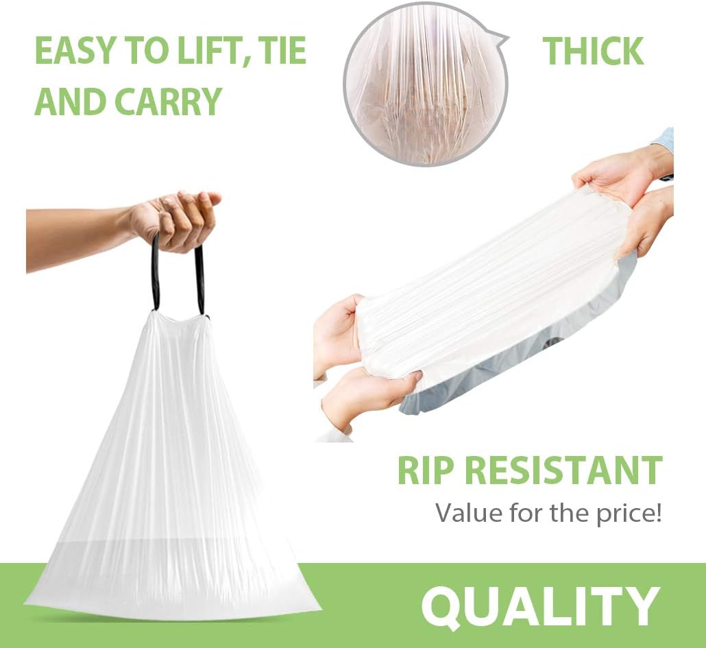 Teivio 2 Gallon 140pcs Strong Drawstring Trash Bags Garbage Bags, Bathroom Trash Can Bin Liners, Small Plastic Bags for Office Kitchen Home, White