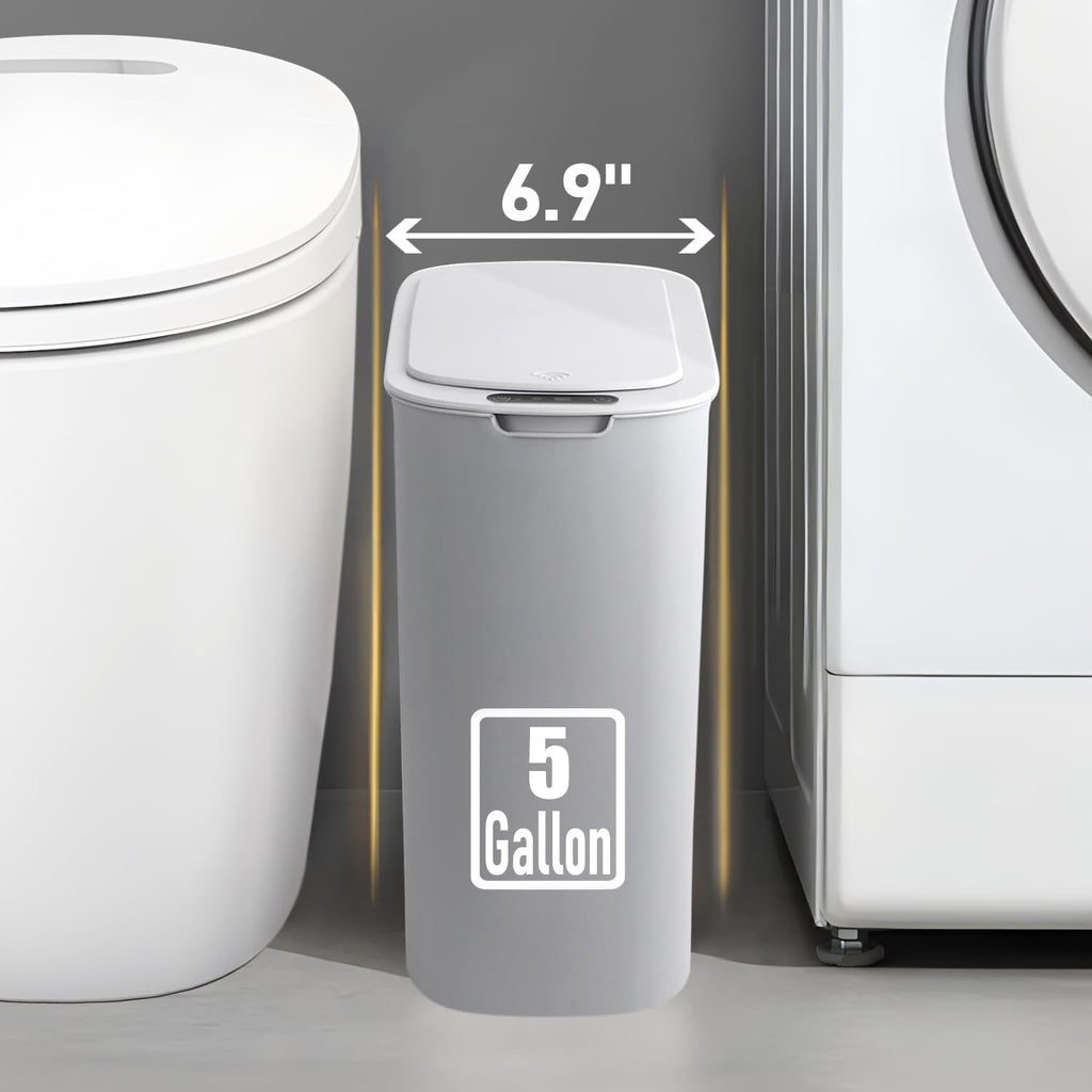 5 Gallon Motion Senor Bathroom Trash Can with Lid, Automatic Garbage Can Touchless, Smart Plastic Waste Basket for Narrow Spaces, Bathroom, Office, Bedroom, Living Room (Gray)