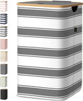 BALEINE Laundry Hamper with Lid, Tall Laundry Baskets with Bamboo Pull Handles, Large Laundry Bin with Internal Support (26 Gal/100L, Grey Stripe)