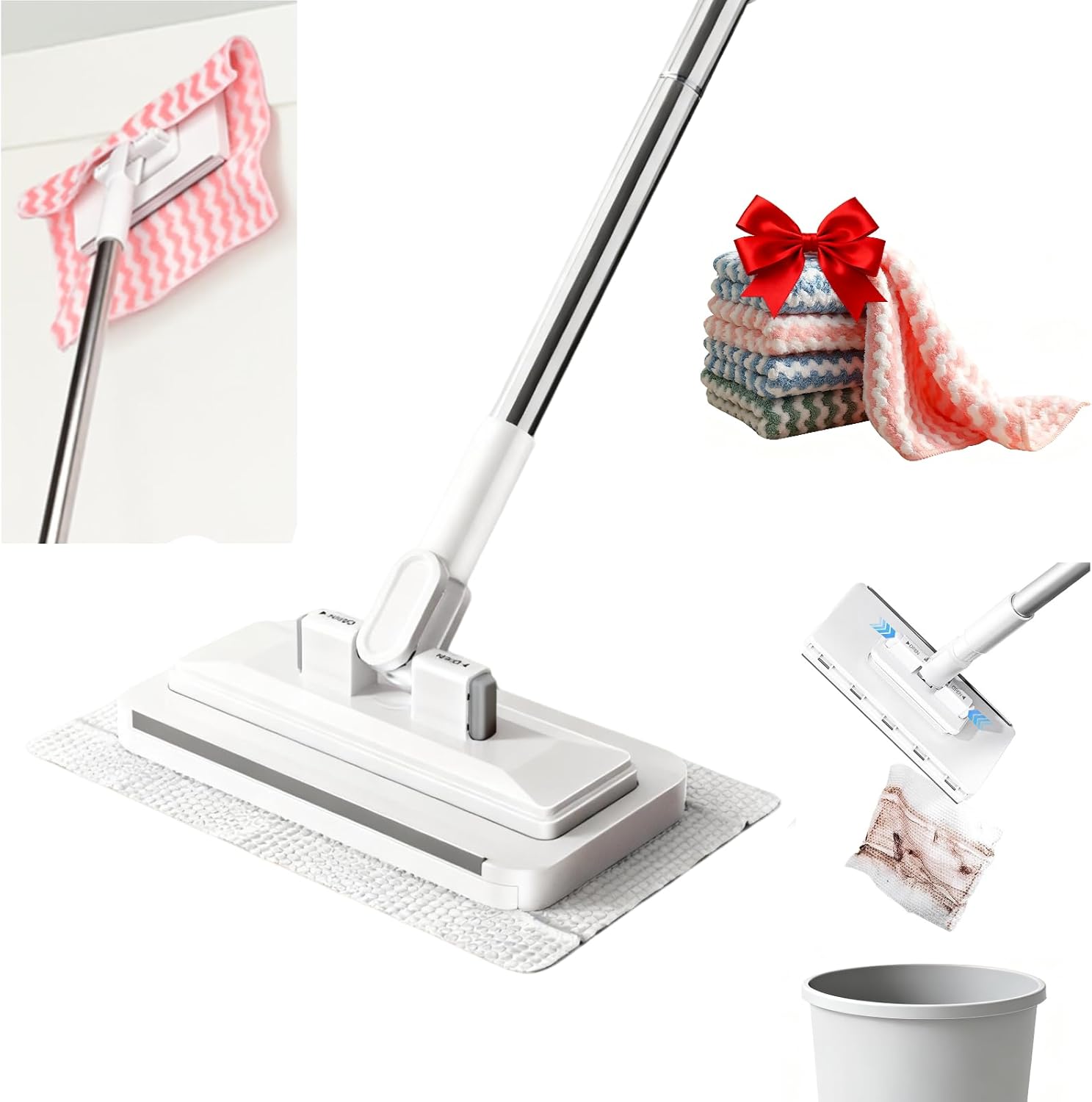 2025 New Mini Sweeper Mop No-Touch Dirty Cleaning Flat Dust Mop for Dry Wet Disposable Pads, Multi Surface Mops for House Wall Bathroom Toilet Corners (Disposable Dust Mop with 5 Clothes)