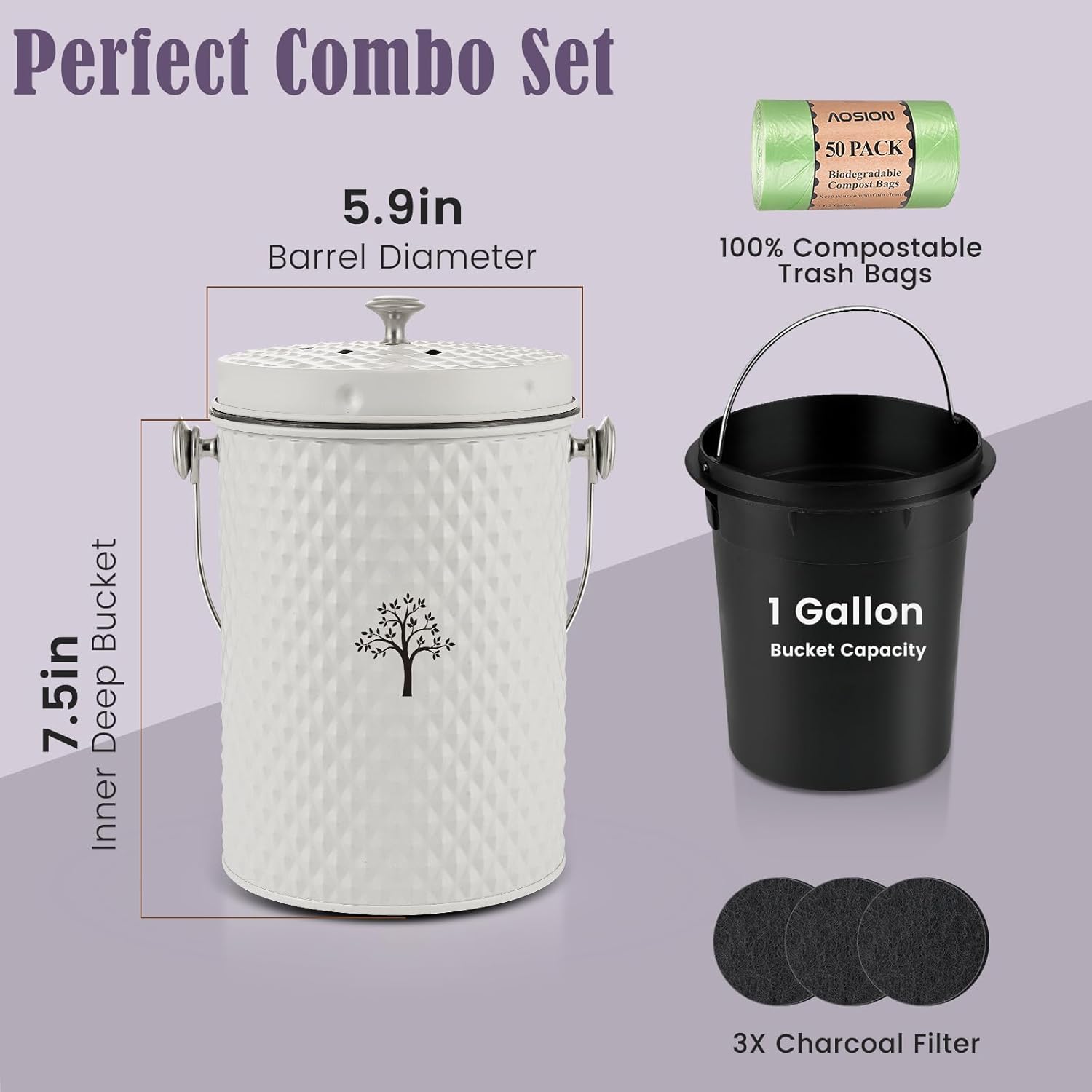 AOSION Countertop Compost Bin Kitchen,Odorless Indoor Compost Bin with Lid and Compost Bags,Compost Bucket Composter Container for Food Waste,Creamy White
