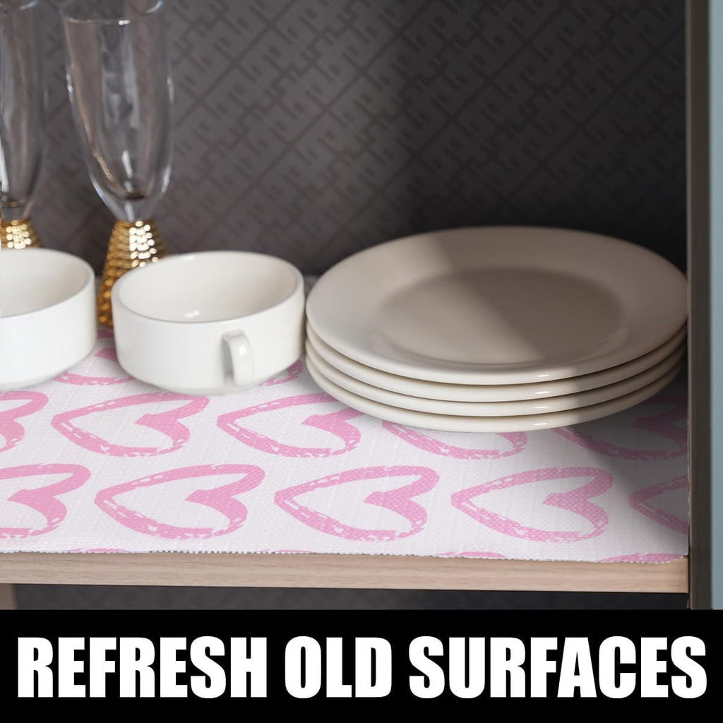 Pink Heart Shelf and Drawer Liner for Cabinets, 12IN x 20FT Non-Adhesive and Strong Non-Slip Shelf Cabinet Drawer Liners for Kitchen,Table,Bookshelves,Waterproof Cupboard Liners,Easy to Clean