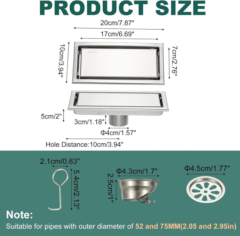 uxcell Rectangular Shower Drain, Brushed 304 Stainless Steel Odor-Proof Floor Drain Linear Shower Drain Hair Catcher for Bathroom Kitchen and Laundry Room(8 Inch, Brushed Silver)