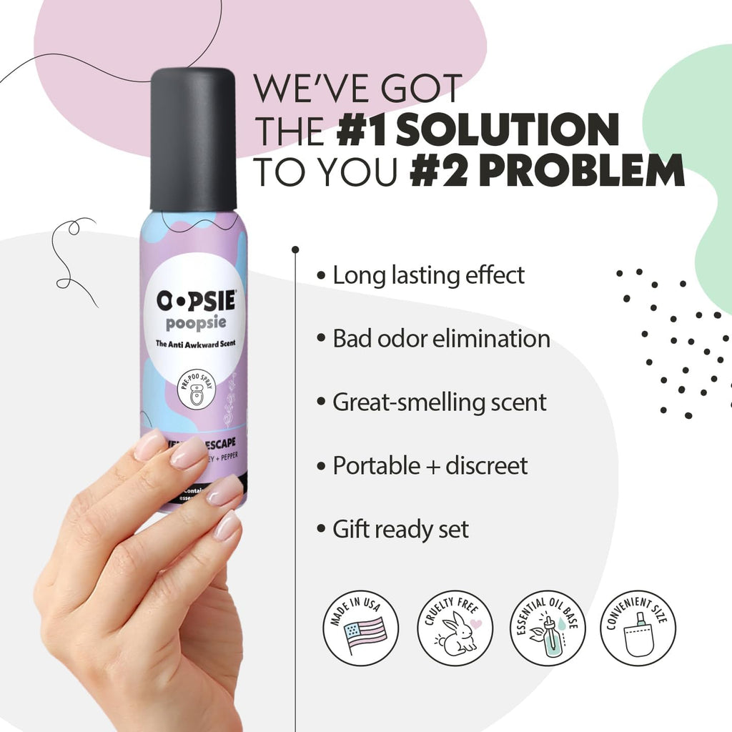 Oopsie Poopsie Toilet Spray - 4 Scents, Portable Original Odor Deodorizer Scents - Poop Spray for Toilet | Citrus, Lavender, Mint & Lemon Pre Poo Air Freshener Spray, 2oz Travel Size Bottles
