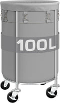 Laundry Hamper with Wheels, 100L Round Rolling Laundry Basket Sorter with Removable Bag, Clothes Cart Organizer with Steel Frame for Bedroom, Bathroom, Laundry Room, Grey