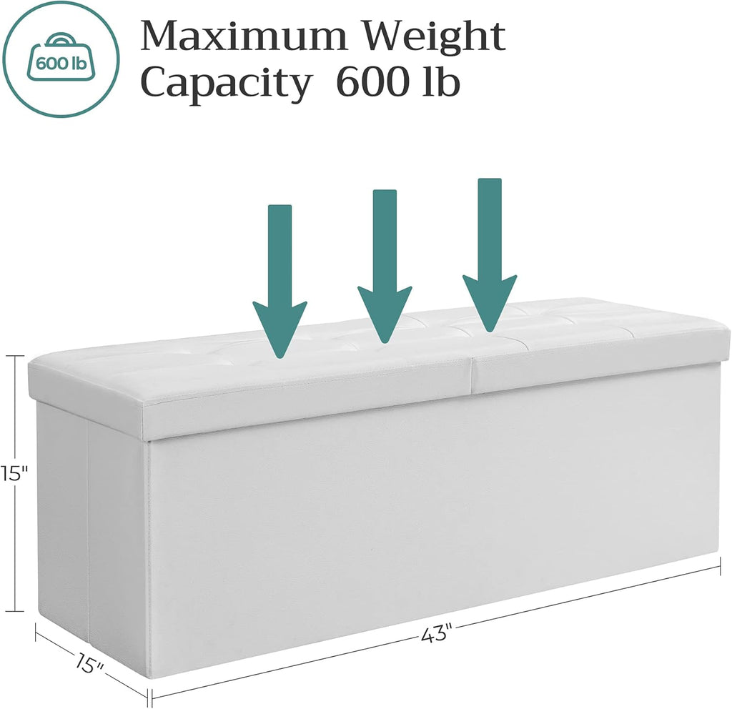 SONGMICS MAZIE Collection - 43 Inches Storage Ottoman Bench with Flipping Lid, Storage Chest with Iron Frame Support, Load 660 lb, for Living Room, Bedroom, Synthetic Leather, White ULSF75WT
