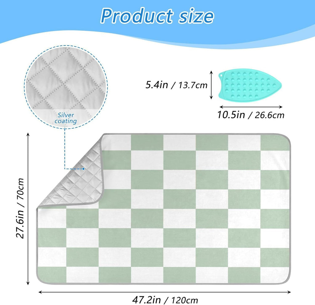 Checkered Green and White Png Ironing Mat Thickened Ironing Blanket Travel Portable Double-Side Using Ironing Pad Travel Isolate Heat Pad Cover for Washer Dryer Table Top Countertop 27.6x47.2in