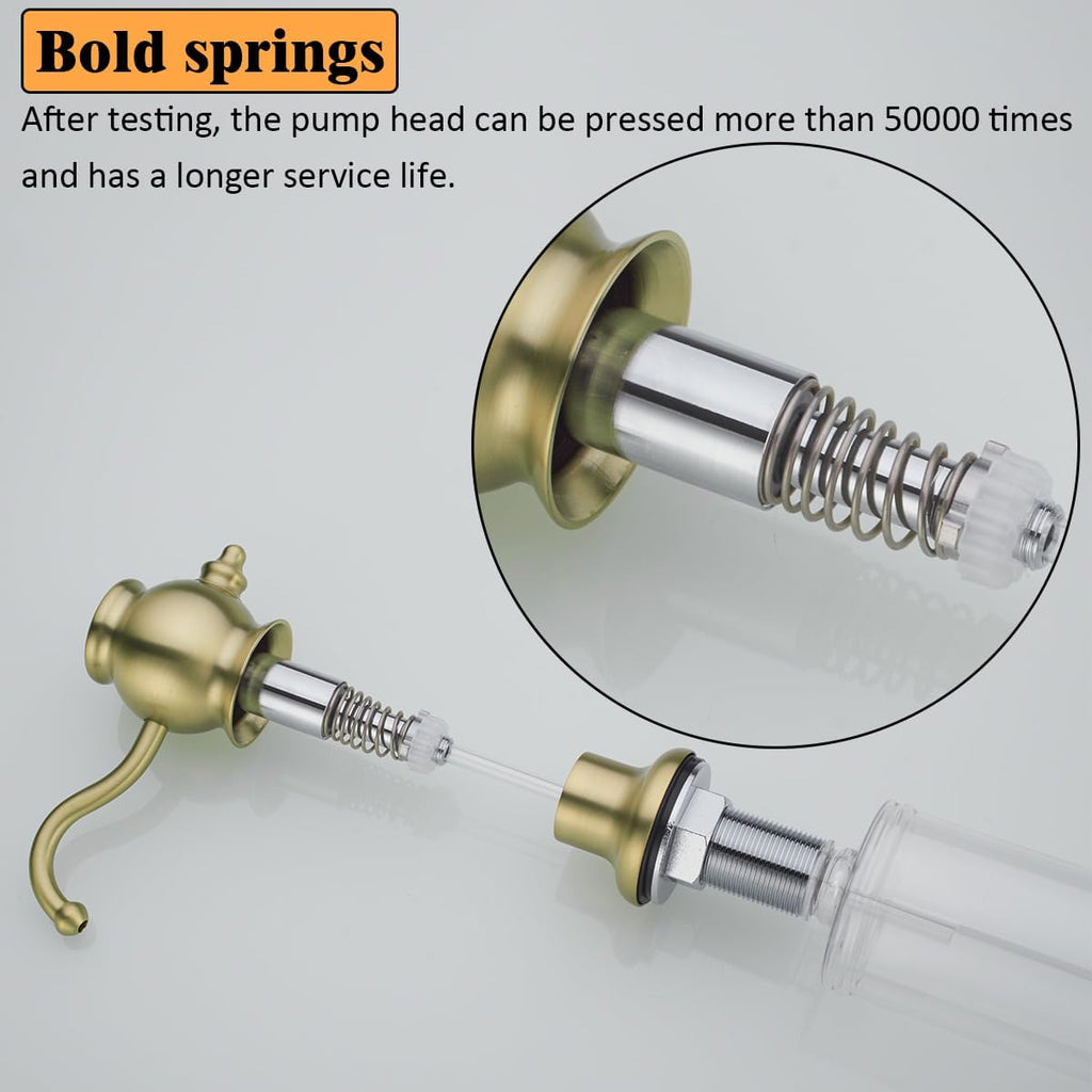RANDOM Built in Sink Soap Dispenser for Kitchen Sink,Brushed Gold Solid Brass Pump Head with Soap Dispenser Extension Tube Kit and 11 Ounce Large PET Liquid Soap Bottle.RD84038BG
