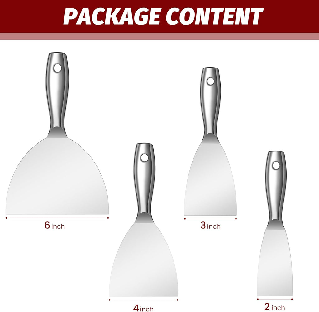Putty Knife Set,4 PCS 2",3",4",6" One Piece Premium Polished All-Stainless Steel Scraper Tool for Drywall Finishing,Professional Grade Putty Blade for Scraping Paint, Taping