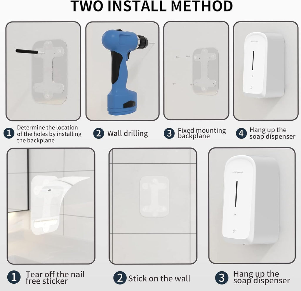 JETWELL Automatic Touch-Less Wall Mount Hand Soap Dispenser Liquid Drop Battery Operated, White Plastic Cover Large Capacity 34OZ/1000ML for Kitchen Home Commercial Bathroom