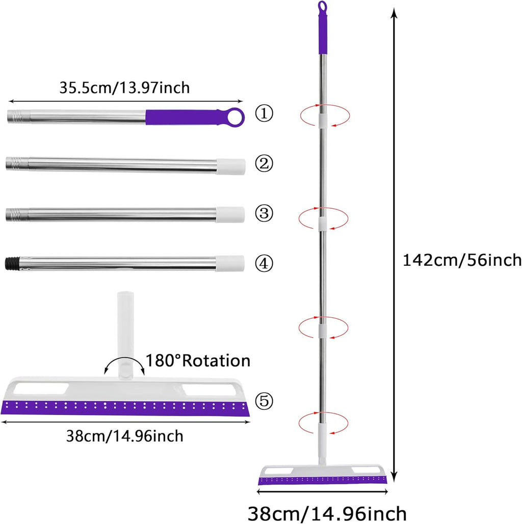 Magic Broom Multifunction Silicone Floor Squeegee, Air Broom for Floor with 56" Long Handle, 4-in-1 Rubber Sweeper for Dirt, Liquids, Pet Hair, Tile Hardwood Floors, Carpet, Living Room (Purple)