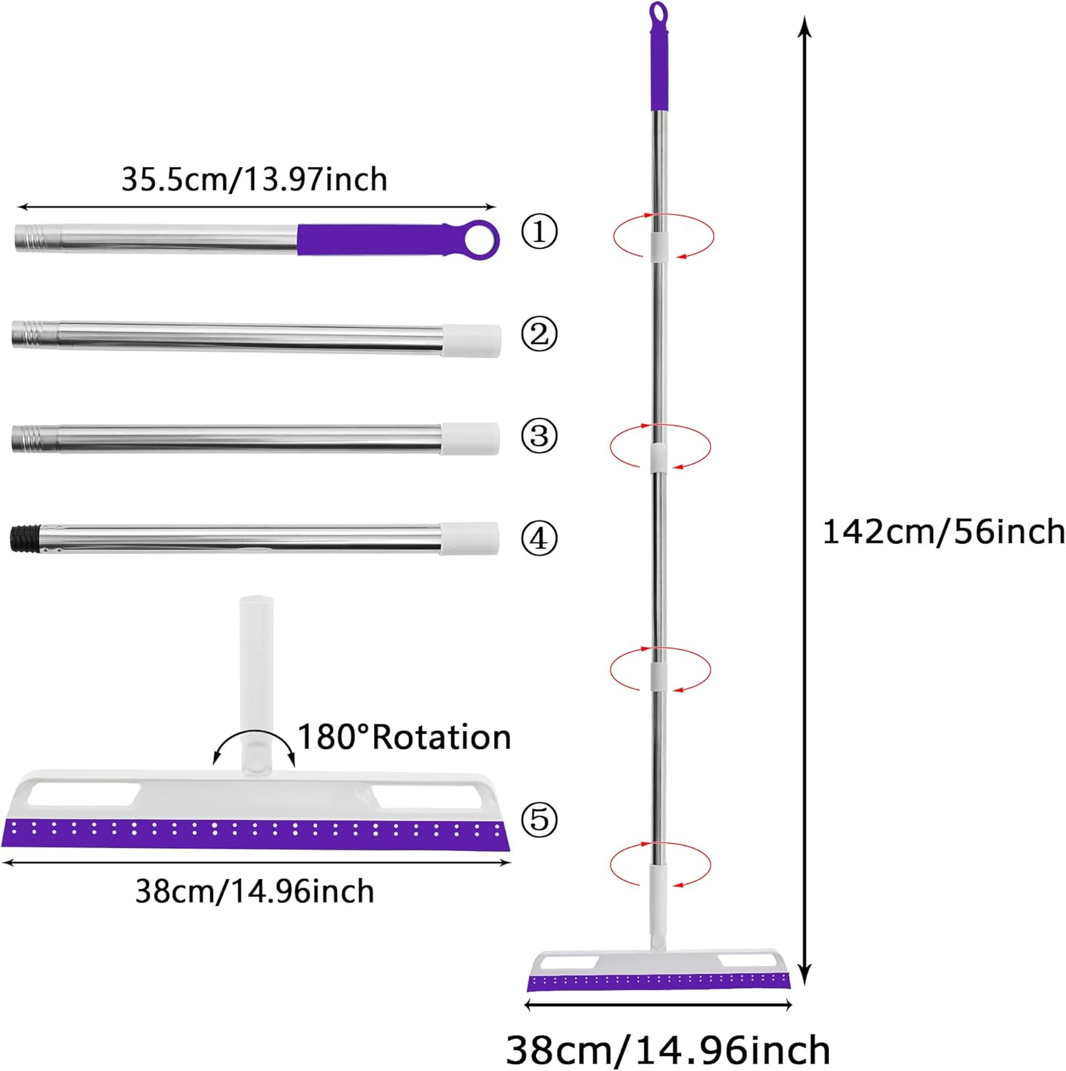 Magic Broom Multifunction Silicone Floor Squeegee, Air Broom for Floor with 56" Long Handle, 4-in-1 Rubber Sweeper for Dirt, Liquids, Pet Hair, Tile Hardwood Floors, Carpet, Living Room (Purple)