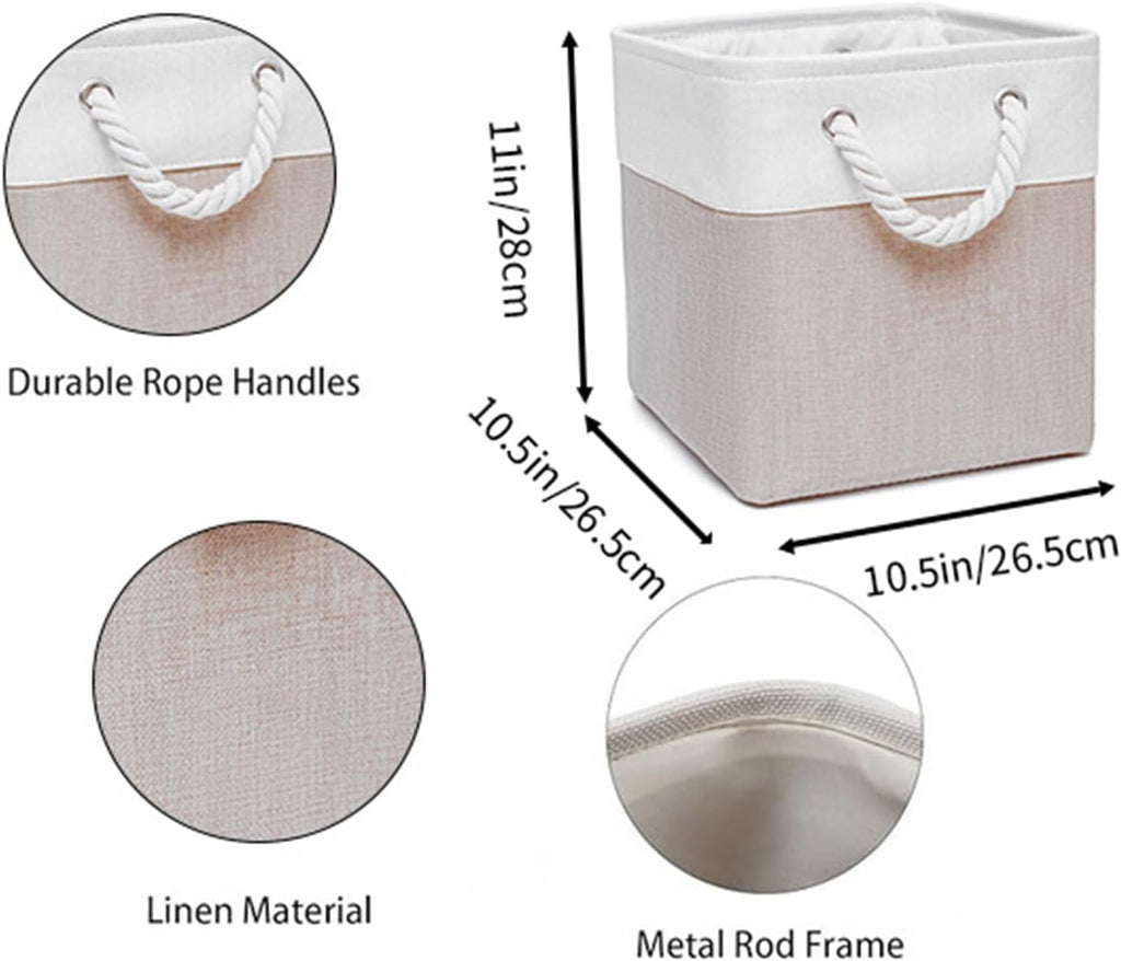 Cube Storage Bins, Collapsible Fabric Storage Cubes Bins, 11 Inch Cube Storage Bins with Handles, Foldable Storage Cubes (White/Beige, 6Pack)