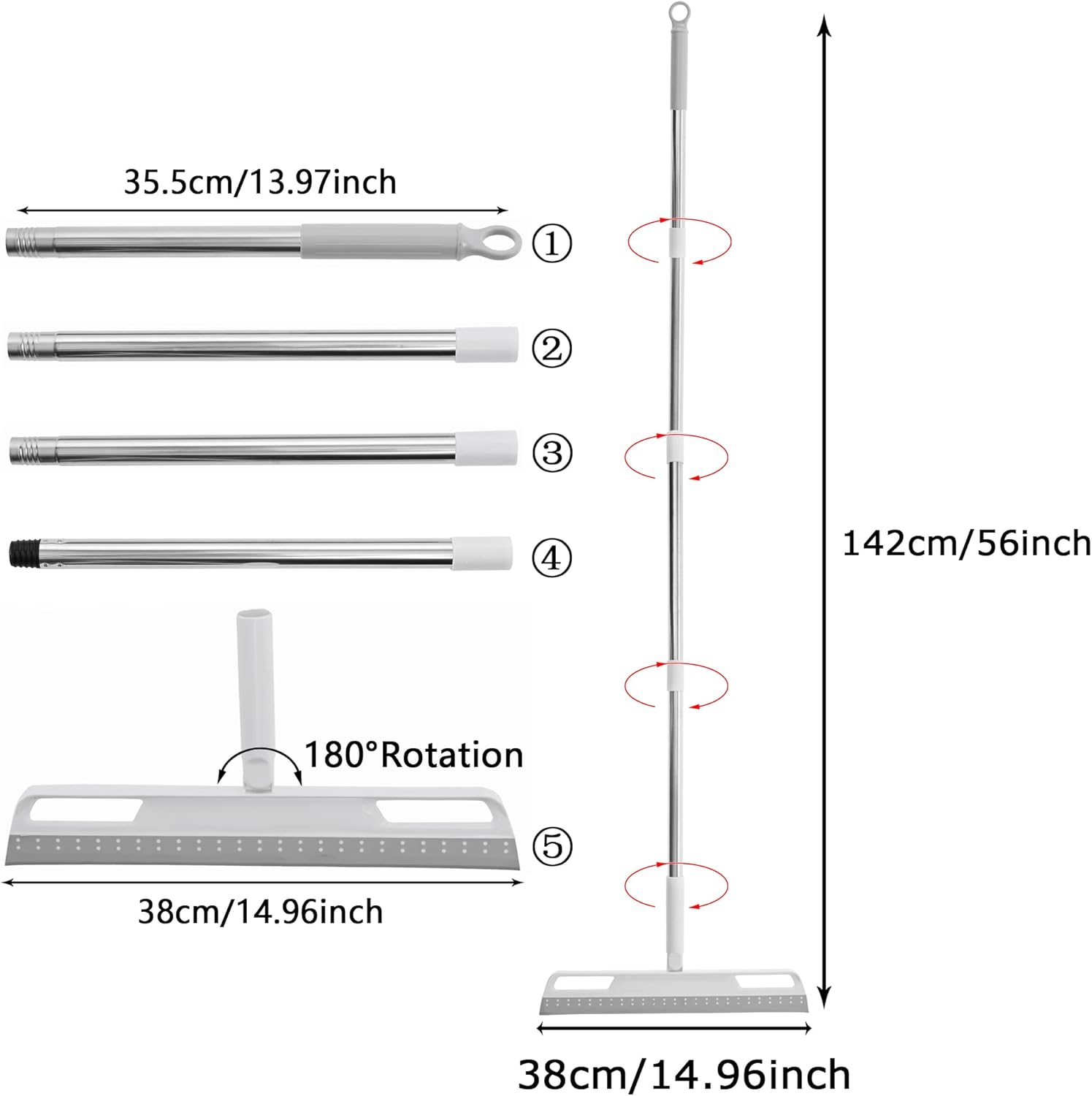 Multifunction Magic Broom, Silicone Floor Squeegee with 56" Long Handle, Rubber Sweeper, Air Broom for Floor Bathroom Kitchen Shower Tile Pet Hair Fur Marble Glass Water Window Foam Cleaning (Grey)