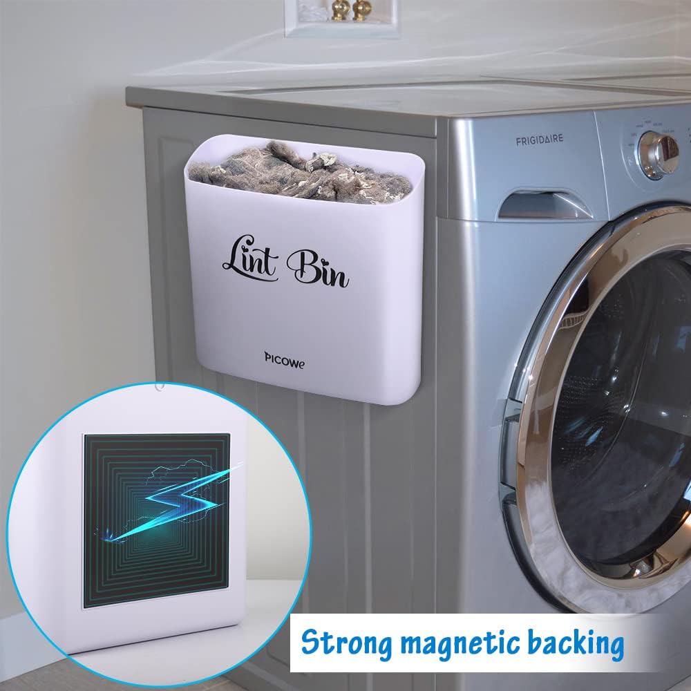 Picowe Magnetic Laundry Storage, Large Lint Holder Bin for Laundry Room, Space-Saving Trash Container Hanging on Dryer, Washer or Wall Mount (Gray White)