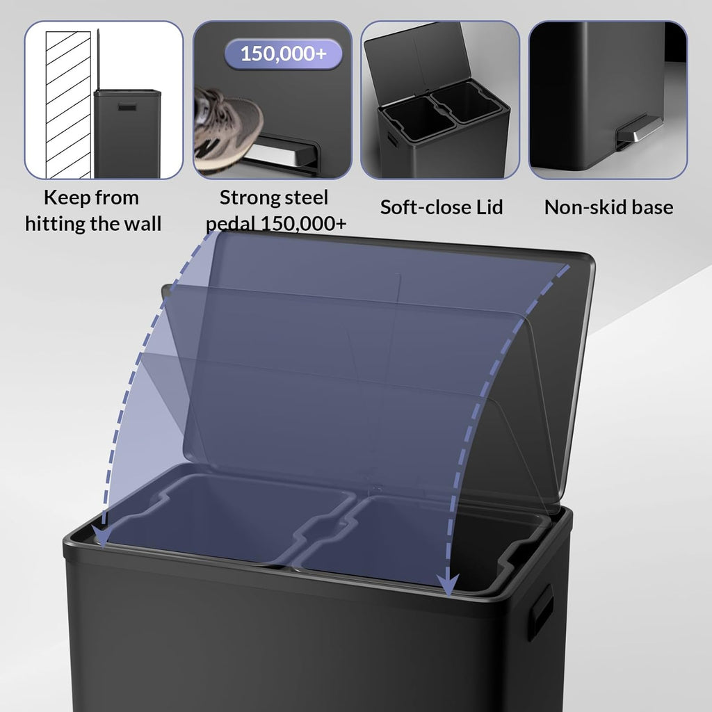 GarveeHome Step Dual Trash Can, 60L/16 Gallon Recycle Bins with Lid, 2 Removable Wastebusket, Step Pedal, Large Stainless Steel Double Trash Bin for Kitchen, Bathroom