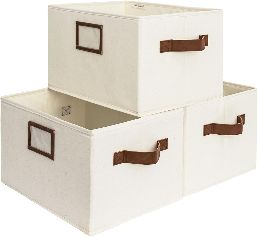 StorageWorks Storage Baskets for Shelves, Foldable Fabric Closet Storage Bins with PU Handles, Fabric Storage Bins Clothes Organizer, Ivory White, 3-Pack, Large