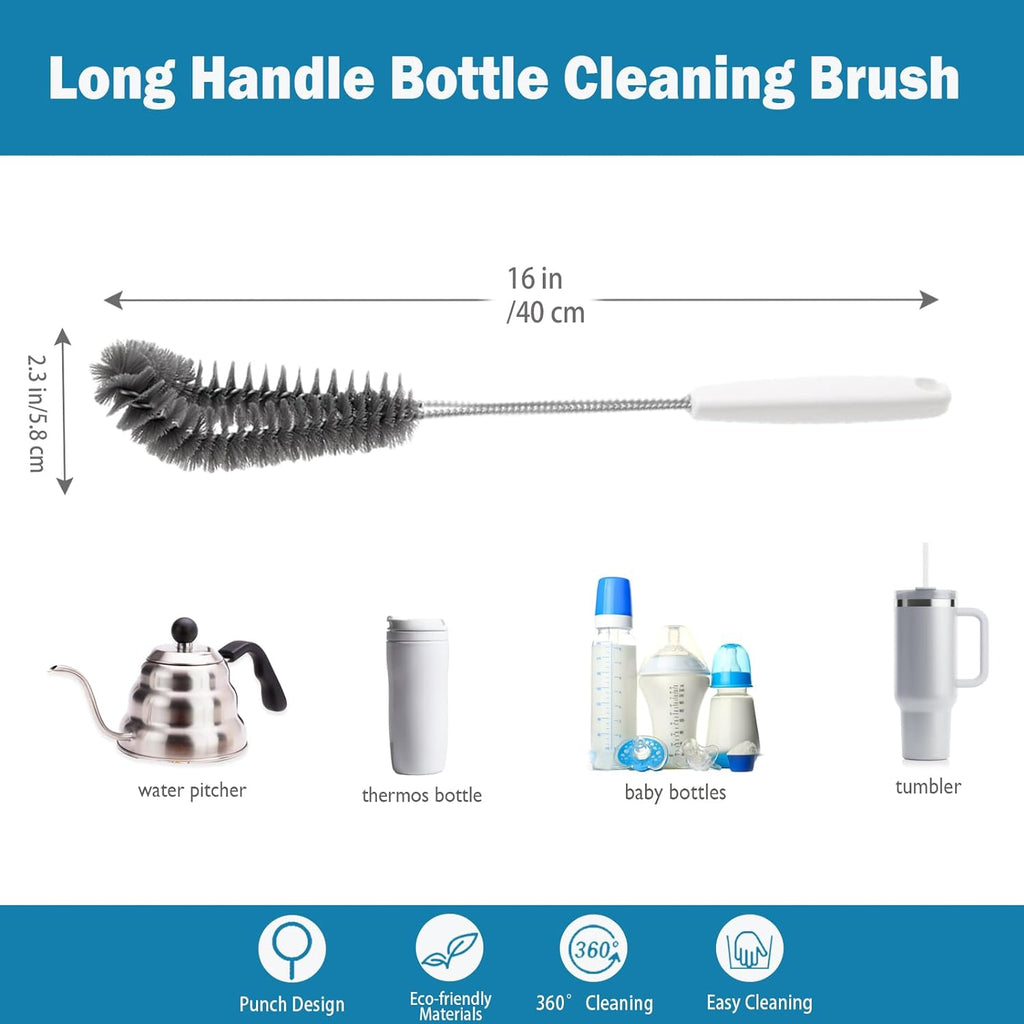 16 inches Long Handle Black Bottle Cleaning Brushes - Perfect for Baby Bottles, Sports Bottles, Glassware, Mugs, Jars, and Stemware (1-pc)