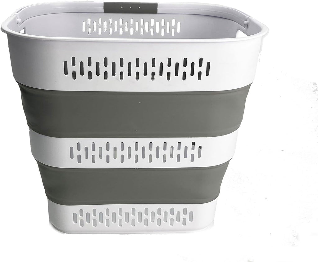 SAMMART 40L (10.5 Gallon) Collapsible Plastic Laundry Basket with Handles - Foldable Pop Up Storage Container/Organizer - Portable Laundry Hamper - Space Saving (1, White/Grey)
