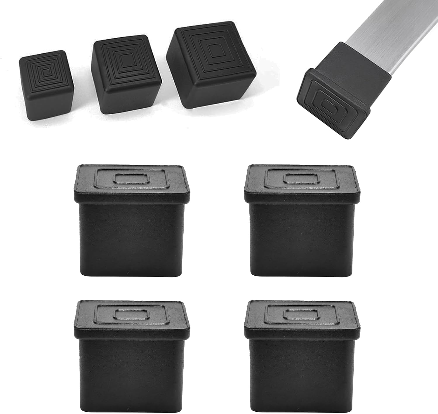 4 Pcs 4" x 4" Square Rubber Chair Leg Caps, PVC Table Leg Covers, Flexible & Anti-Slip Furniture Leg End Caps, Chair Leg Floor Protectors for Bar Stool Leg Patio Indoor, Black