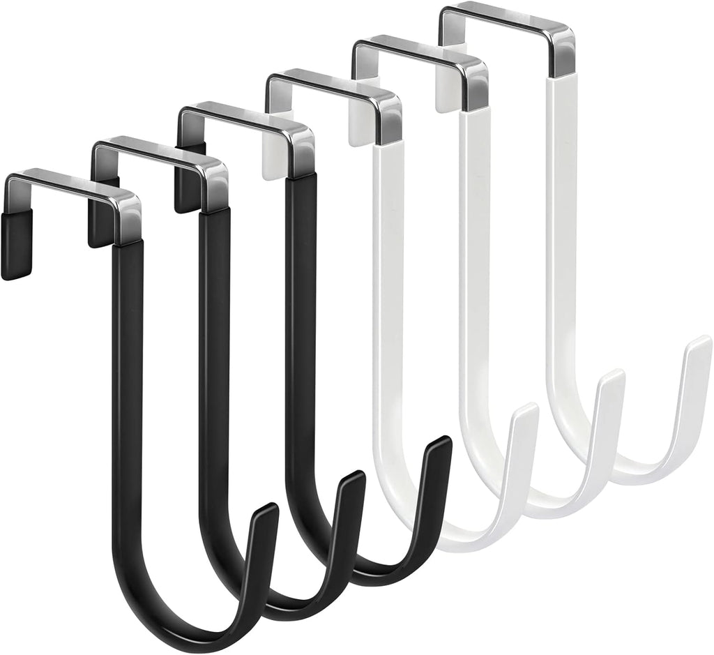 FYY 6PCS Over The Door Hooks, Door Hangers Hooks with Rubber Prevent Scratches Heavy Duty Organizer Hooks for Living Room, Bathroom, Bedroom, Kitchen Hanging Clothes, Towels, Hats, Bags Black+White