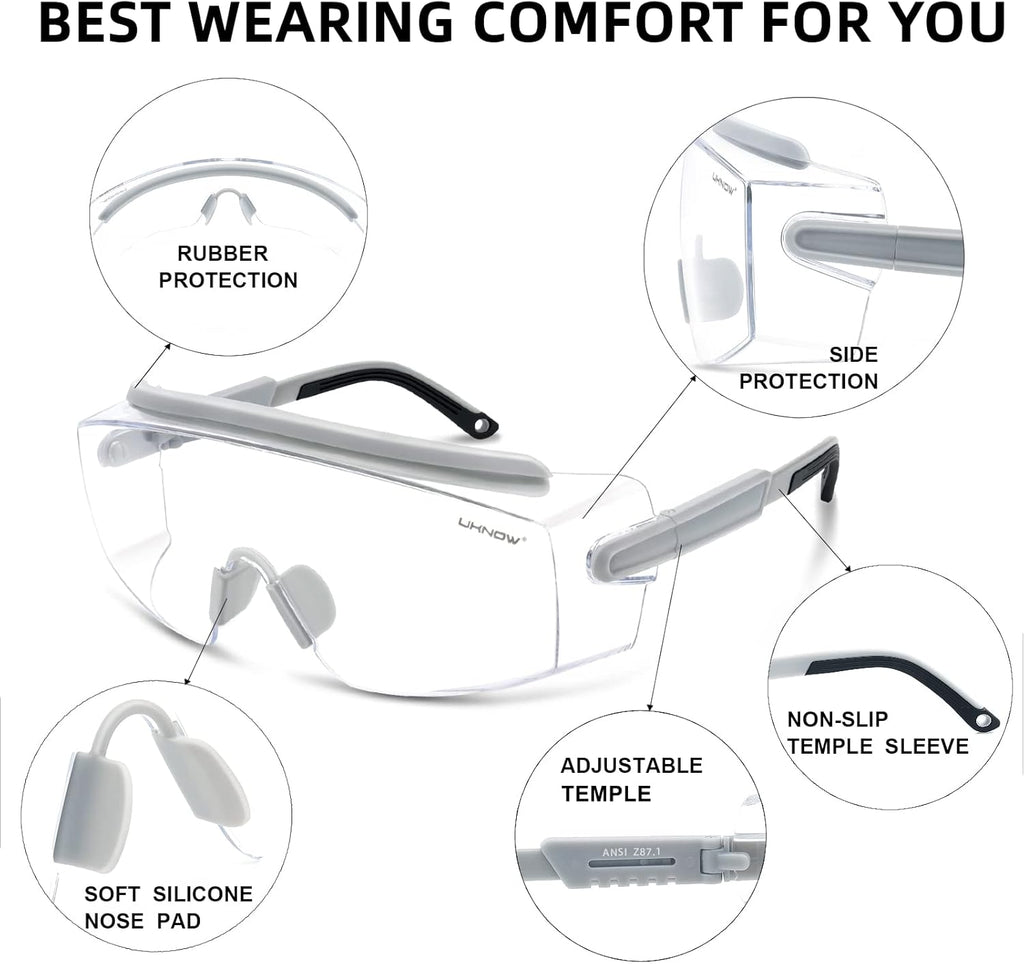 UKNOW Safety Goggles Over Glasses, Safety Glasses Anti Fog Wraparound Eye Protection, Protective Eyewear ANSI Z87.1