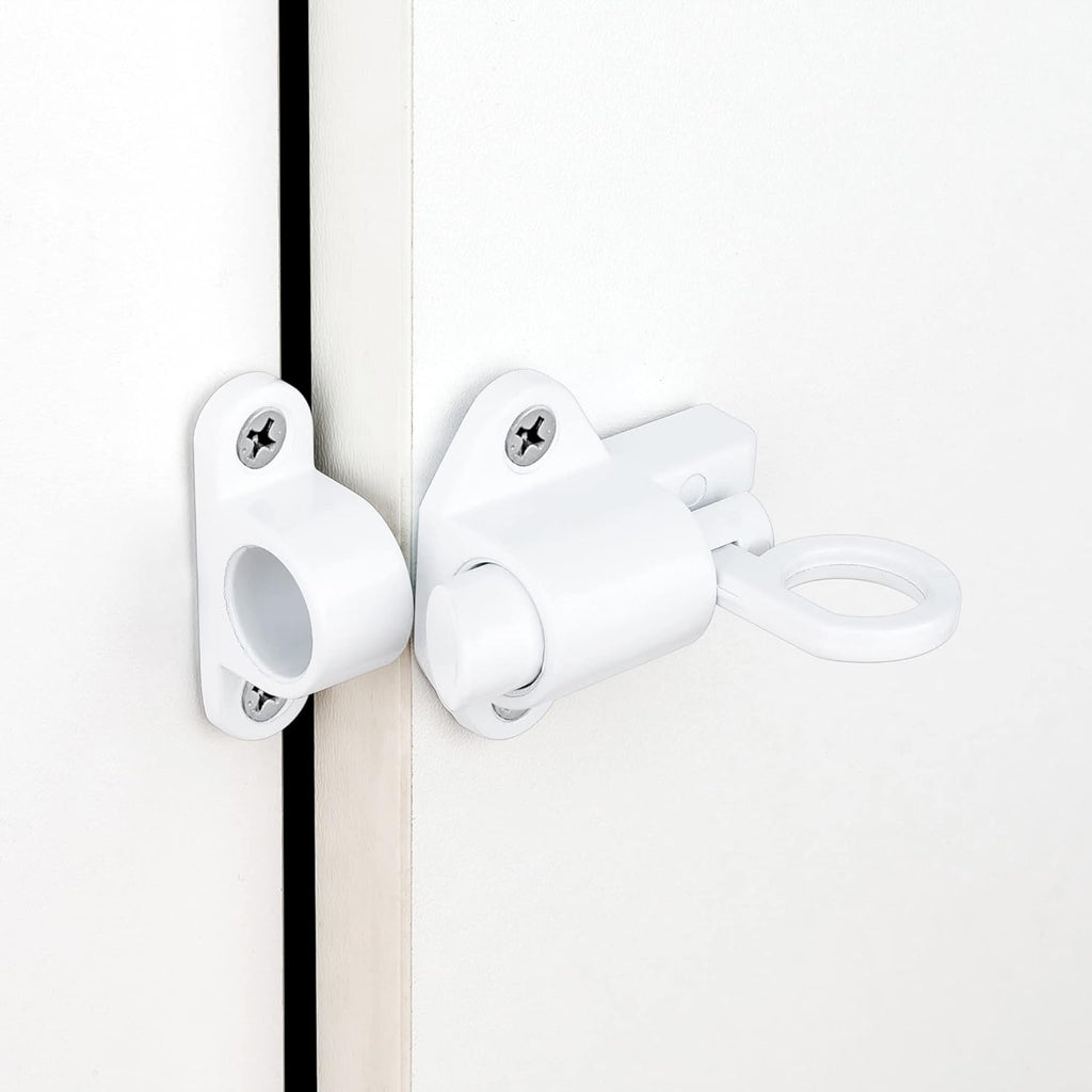 6 Packs Self-Closing Latches，White Spring Door Lock，Resilient Bolt Latch Aluminum Alloy Safety Automatic Spring Barrel Slide Door Lock with Screws,Used for Gate,Window and Cabinet etc