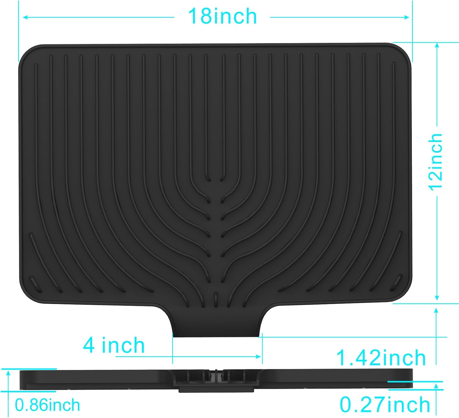 Kitchen Drying Mat for sink with a bulged edge,18"×12"Silicone Dish Drying Mat with built-in Drain Spout, Rubber Dish Mat for Kitchen (18"×12"black)