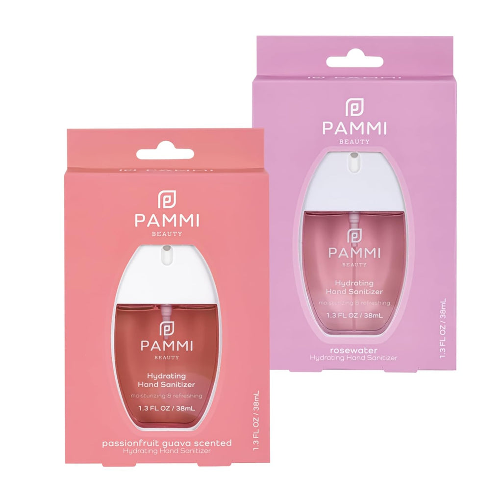 PAMMI Power Mist Hydrating Hand Sanitizer Spray, Portable Travel Size Pocket Hand Sanitizer, Scented Handsanitizer Mini Spray For Car - 600 Sprays (2 Packs (Rose and Guava))