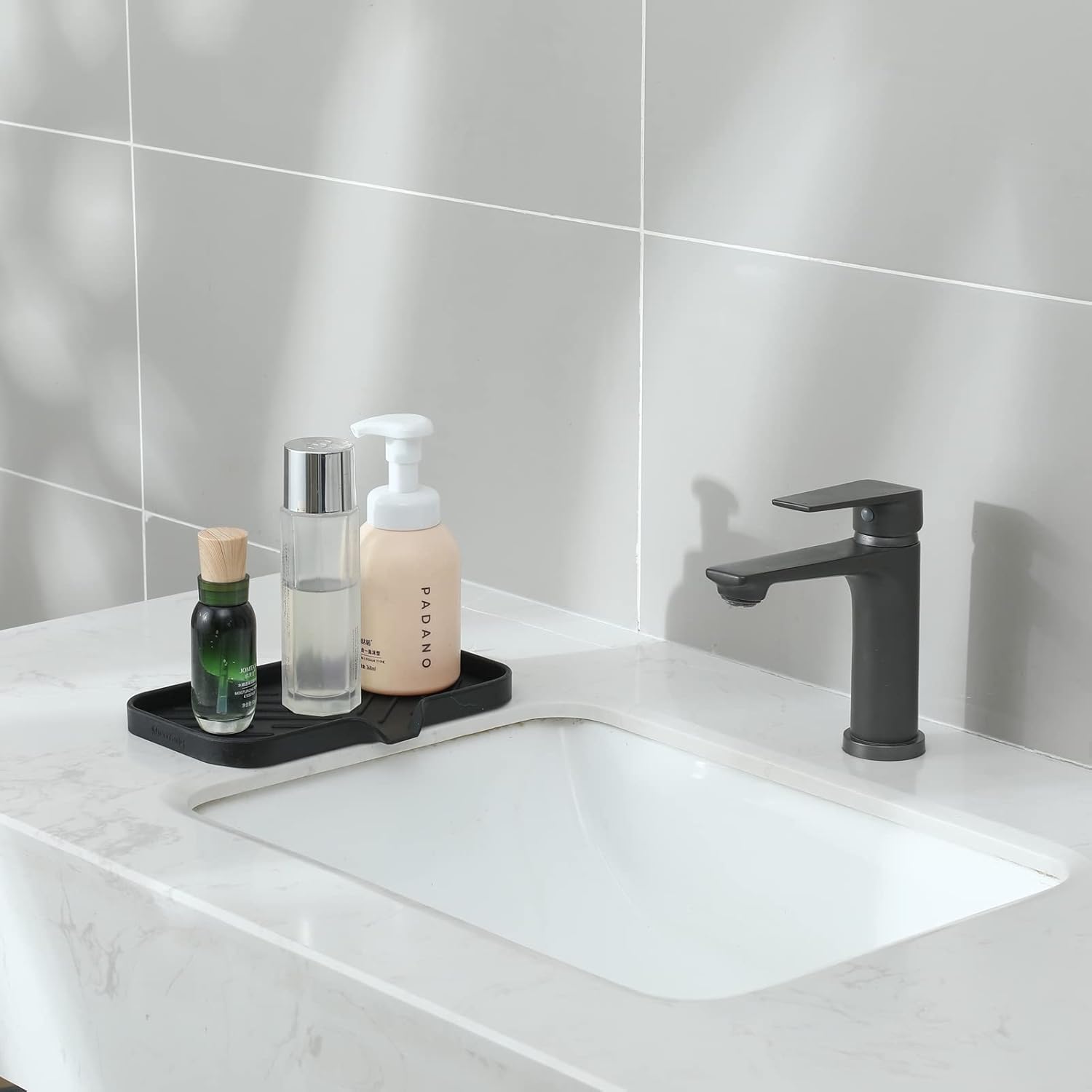 Silicone Bathroom Soap Dishes with Drain Spout-Bathroom and Kitchen Sink Organizer,Sponge Holder,Dish Soap Tray,Perfect for Dispenser,Scrubber,Bottle,Cup on Sink or Counter-Black 9.6"×5.3"