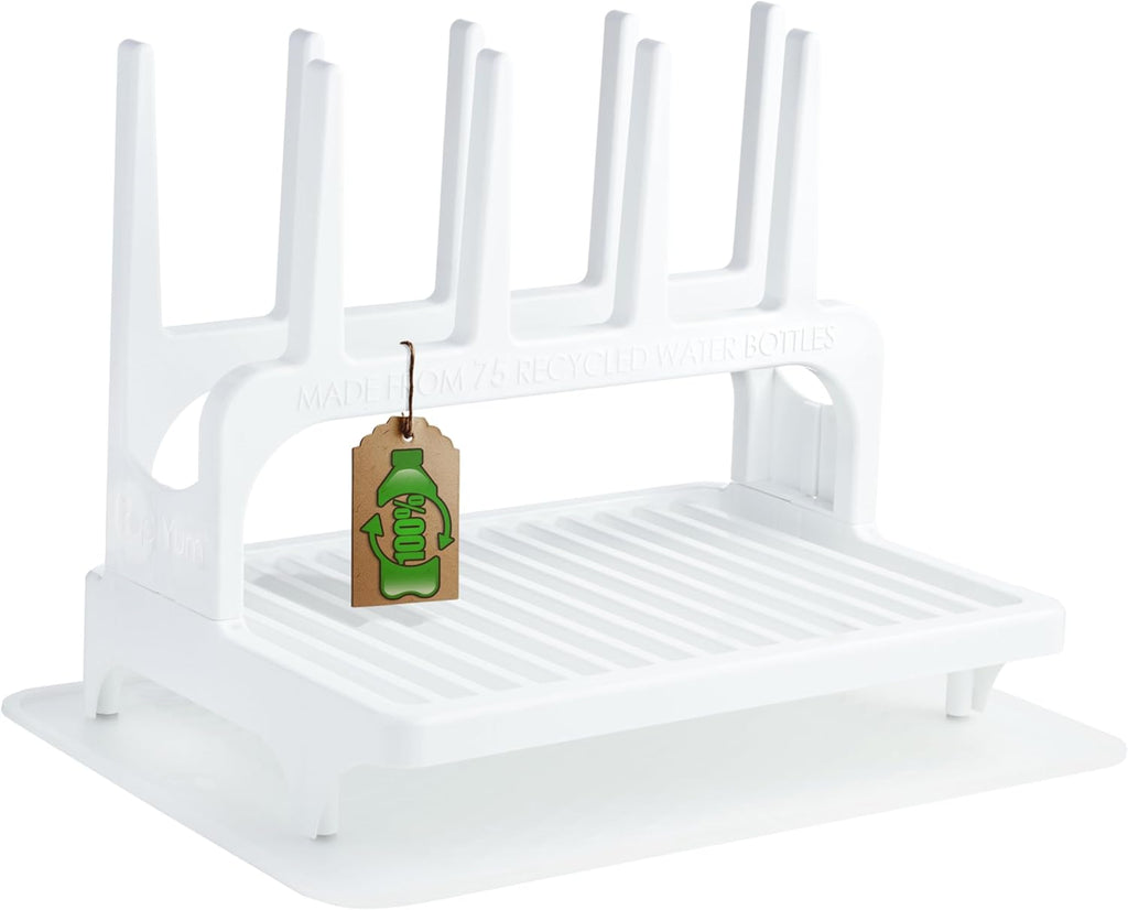 PopYum Glacier White Space Saving Drying Rack from 100% Recycled Bottles with Clear Frosted Silicone Drying Mat, countertop for Baby Bottles, Plastic Bags, Cups, Glass, tumblers, Compact