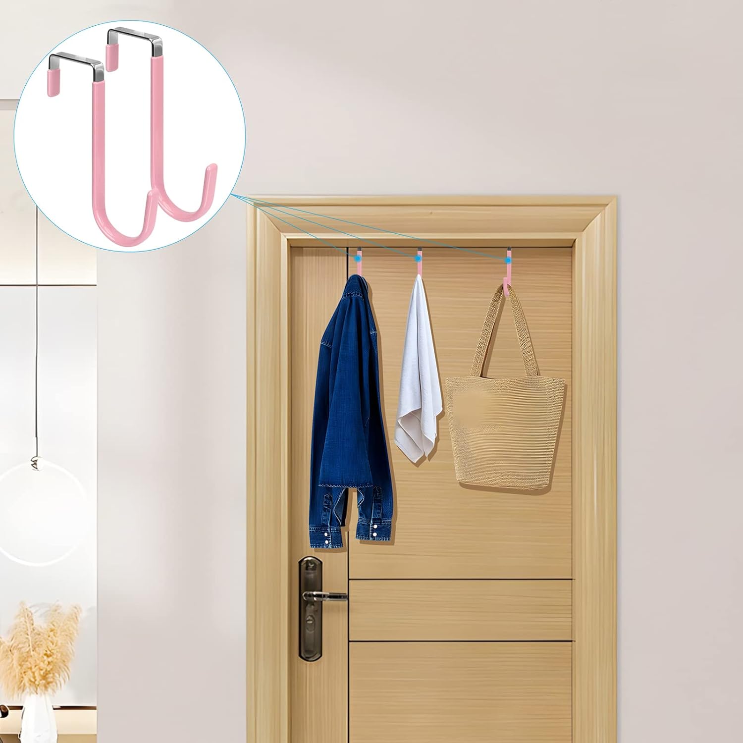 FYY Over The Door Hooks, 4 Pack Door Hangers Hooks with Rubber Prevent Scratches Heavy Duty Organizer Hooks for Living Room, Bathroom, Bedroom Hanging Clothes, Towels, Hats, Coats, Bags Pink