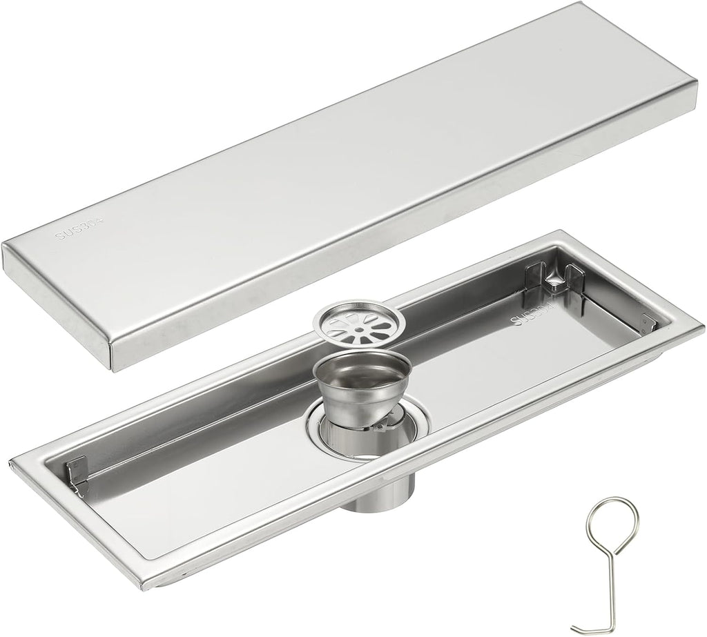 uxcell Rectangular Shower Drain, Brushed 304 Stainless Steel Odor-Proof Floor Drain Linear Shower Drain Hair Catcher for Bathroom Kitchen and Laundry Room(12 Inch, Bright Silver)