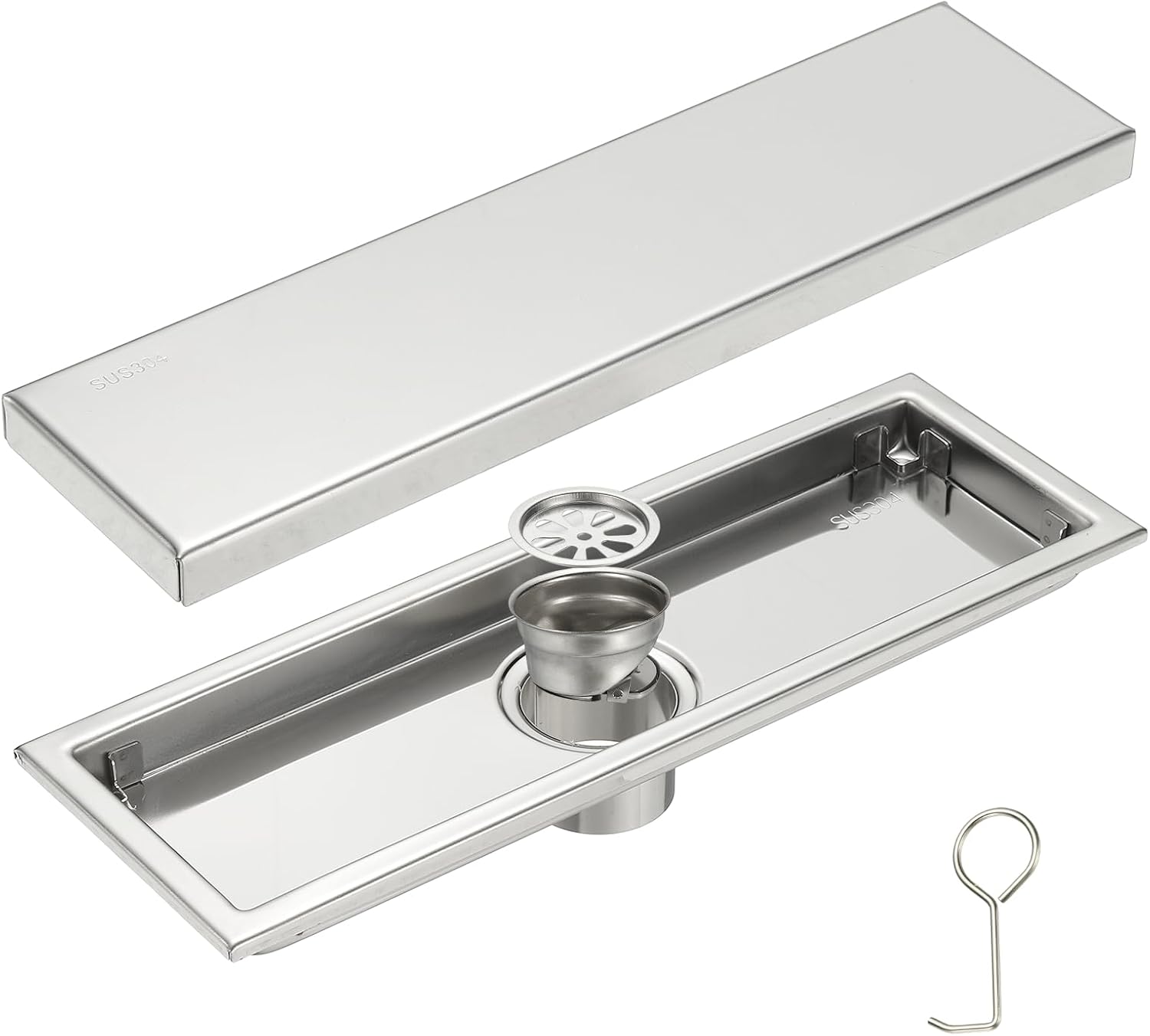 uxcell Rectangular Shower Drain, Brushed 304 Stainless Steel Odor-Proof Floor Drain Linear Shower Drain Hair Catcher for Bathroom Kitchen and Laundry Room(12 Inch, Bright Silver)