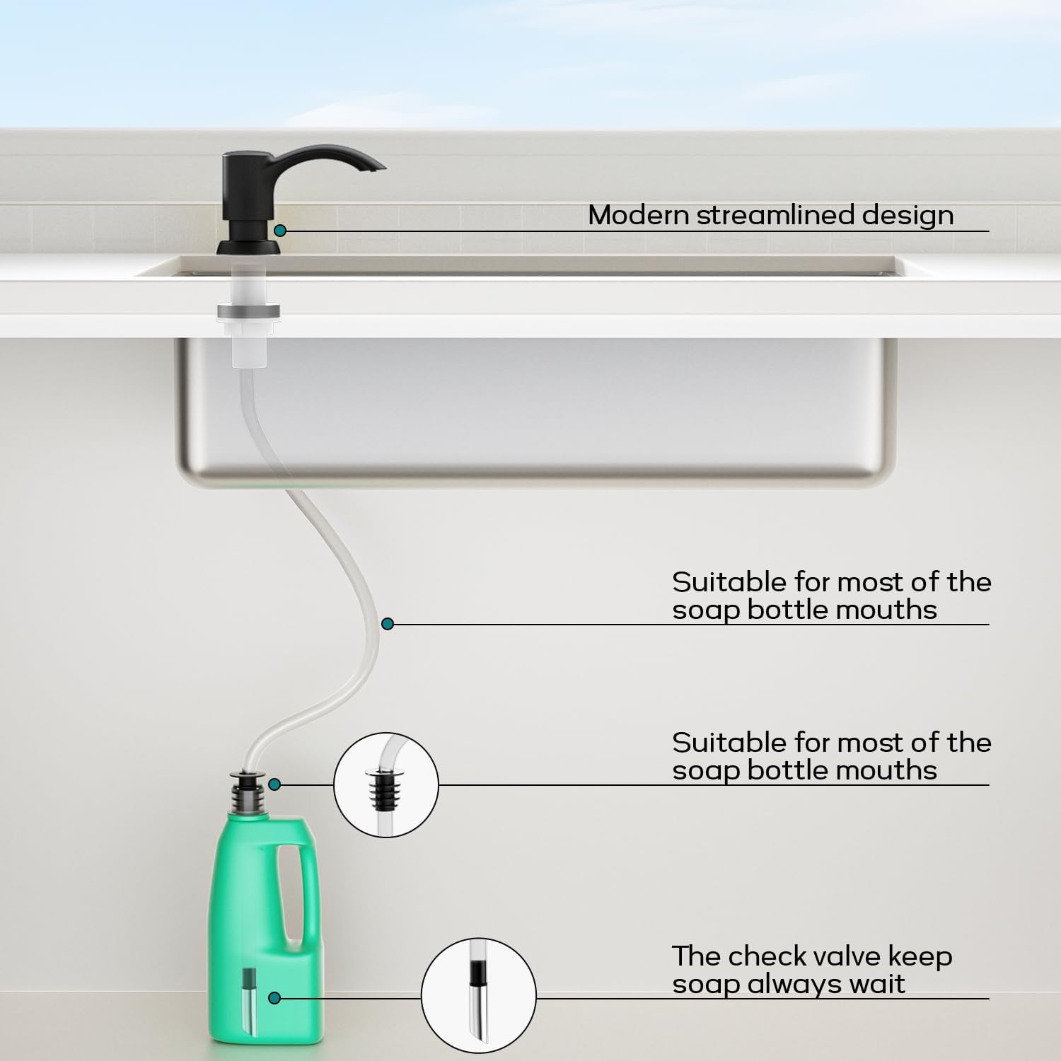 SAMODRA Built-in Kitchen Sink Soap Dispenser with Extension Tube Kit - Matte Black Finish, Leak-Proof Design, No Top Refill Required (39" Tube)