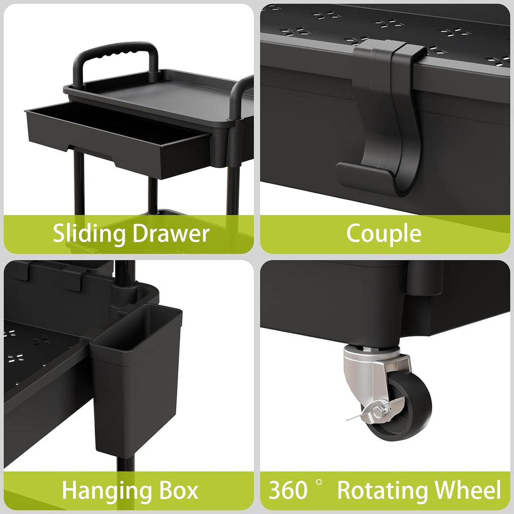 3 Tier Rolling Cart Organizer,Laundry Room Bathroom Organizers and Storage Office Shelves Mobile Shelving Unit Kitchen Trolley Cart with Wheels for Art,Craft,Diaper,Bedside,Snack(Black)