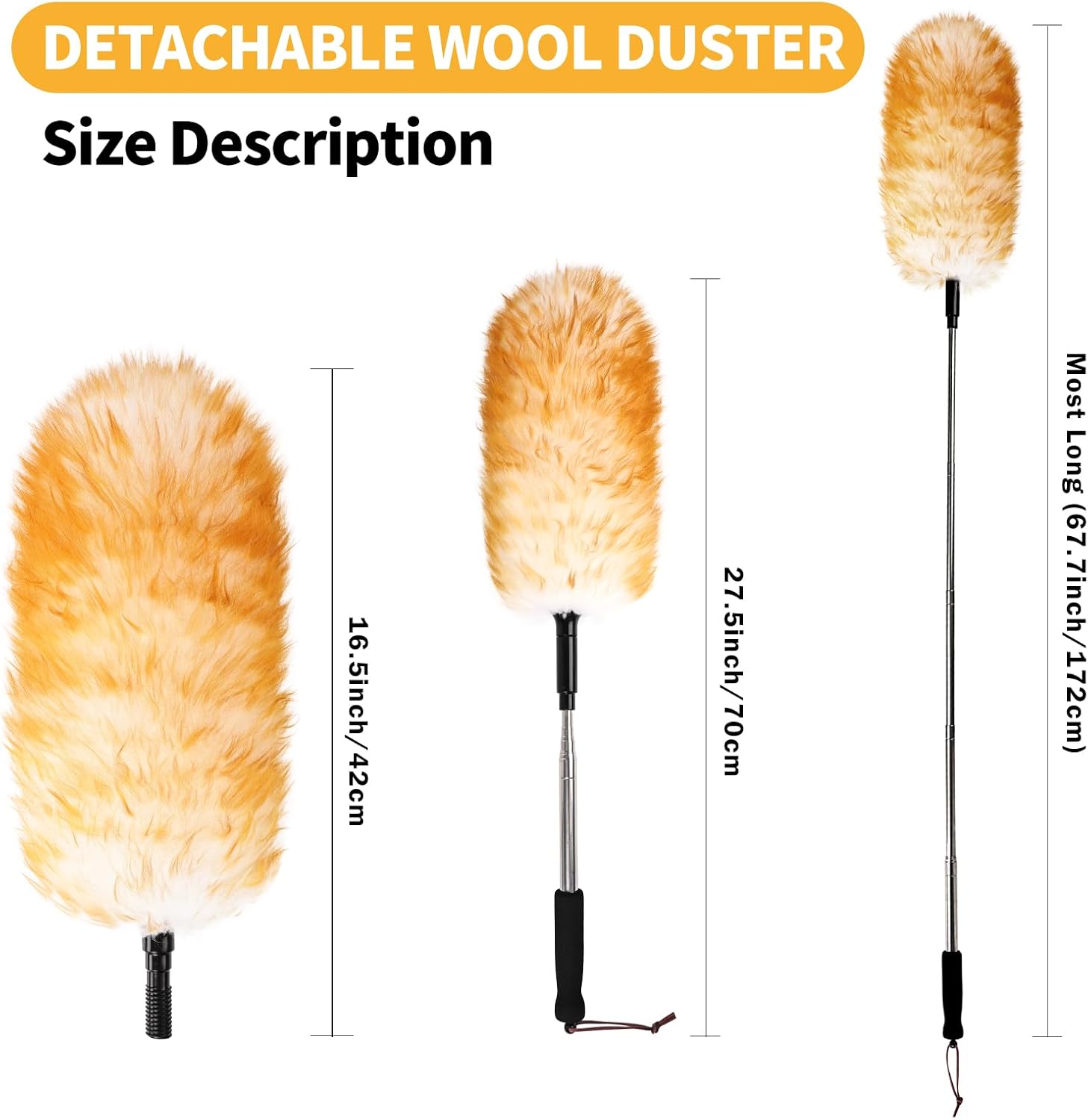 Lambswool Extendable Duster,67.7Inch Telescoping Feather Dusters with Stainless Steel Extension Pole for Cleaning High Ceiling Fan, High Ceilings,Furniture