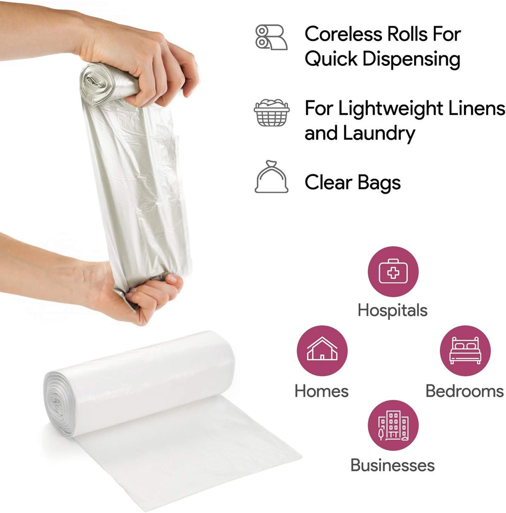 20-30 Gallon Clear Garbage Can Liners, 500 Count - Medium - Large Trash Can Liners - High Density, Thin, Lightweight, 10 Microns - For Office, Home, Hospital, Wastebaskets -20 Coreless Rolls