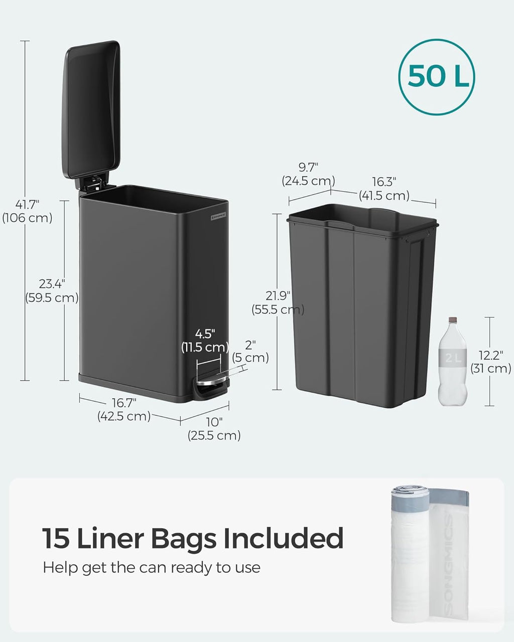 SONGMICS Slim Trash Can, 13-Gallon (50 L) Garbage Can for Narrow Spaces with Soft-Close Lid, Inner Bucket, and Step-on Pedal, Stainless Steel, 15 Trash Bags Included, Black ULTB510B48