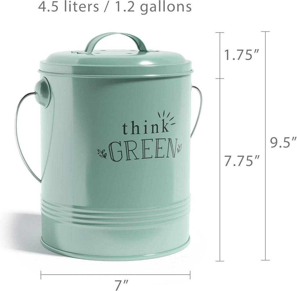 Barnyard Designs Compost Bin for Kitchen Counter - 1.2 Gallon Countertop Composter with Extra Smell-Absorbing Filters and Inner Bucket for Easy Cleaning - Food Waste Bin for Kitchen with Lid (Mint)
