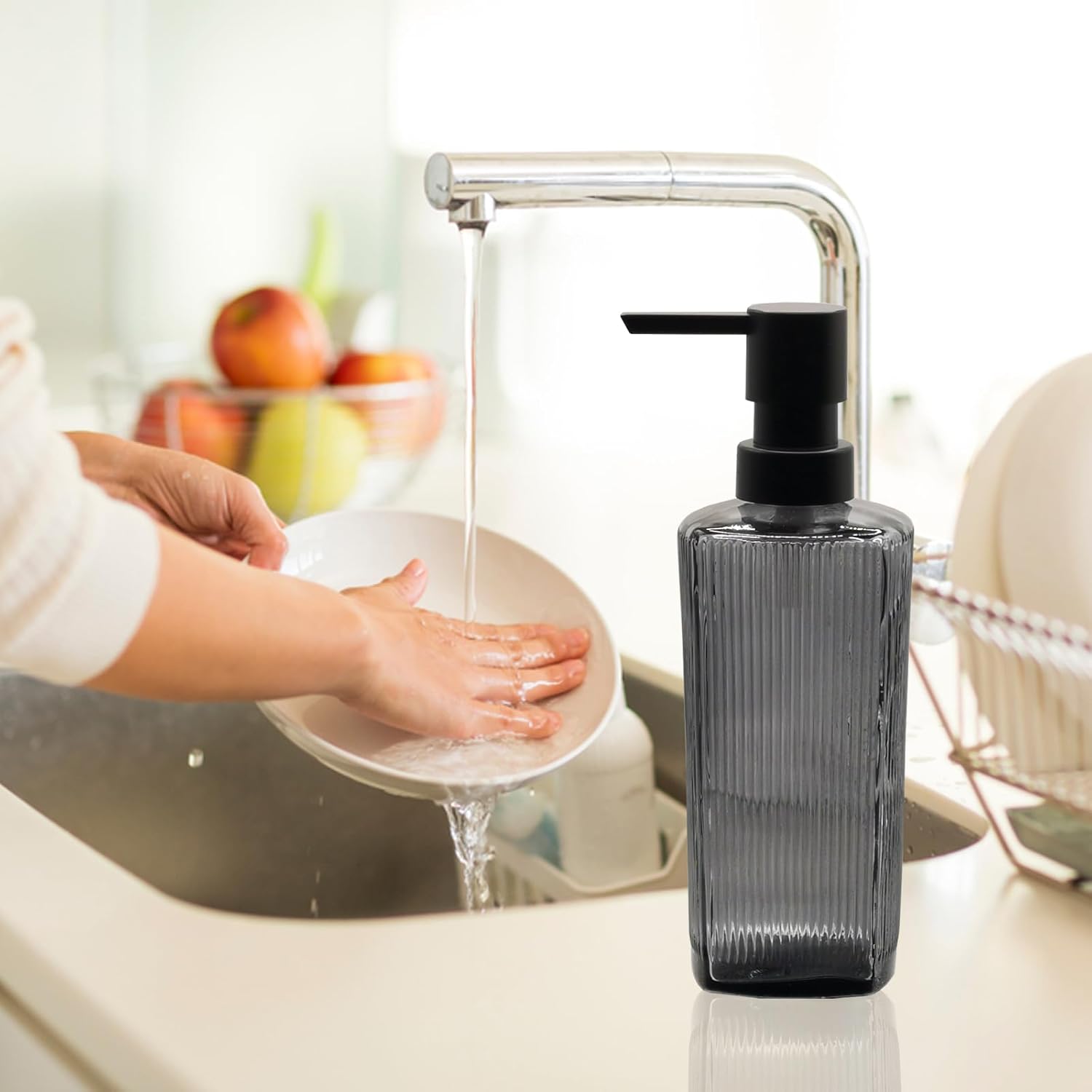 Grey Glass Soap Dispenser with Black Plastic Pump, 12oz Lotion Dish Dispenser, Refillable Liquid Hand Soap Dispenser for Modern Home Decor, Bathroom, Kitchen Countertop, Hotel
