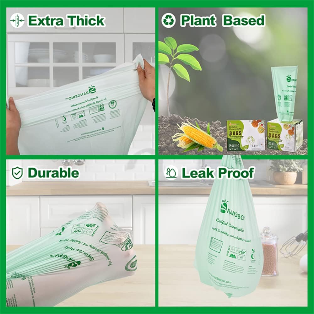 OrangeBio 3 Gallon Compostable Trash Bags, 100 Count, Food Grade, Plant-based, Biodegradable, Leak-proof, Tear-resistant, Dishwasher Safe