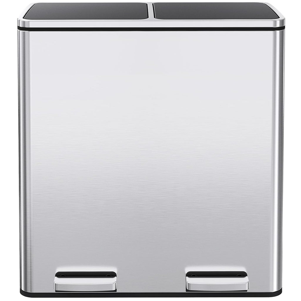 AthLike 60L(16 Gal) Dual Trash Can, Stainless Steel Kitchen Garbage Can, Double Compartment Classified Rubbish Bin, Recycle Dustbin w/Plastic Inner Buckets, Soft-Close Lid, Airtight, Silver