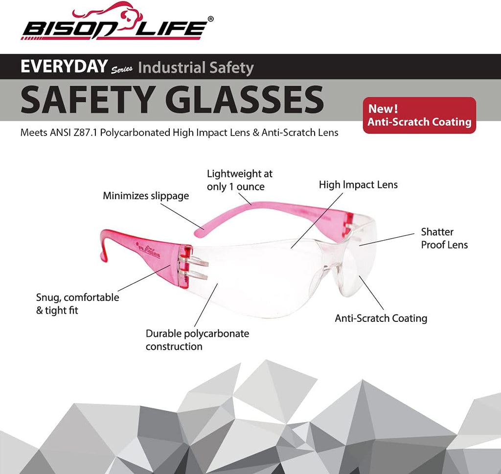 BISON LIFE Safety Glasses - Scratch Resistant Wrap Around Eyewear, Polycarbonate ANSI Z87.1 Impact Resistant Lens