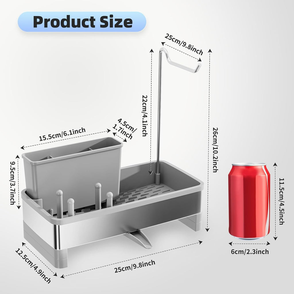 Stainless Steel Sink Caddy, Sponge Holder for Kitchen Sink with Brush Holder & Dishcloth Rack, Rustproof Sink Organizer Countertop, Kitchen Organizers Storage Essentials (F-Gray)
