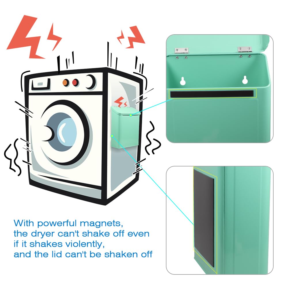 Picowe Magnetic Laundry Storage, Large Metal Lint Holder Bin with Lid for Laundry Room, Space-Saving Trash Container Hanging on Dryer, Washer or Wall Mount Trash Bin (Green)