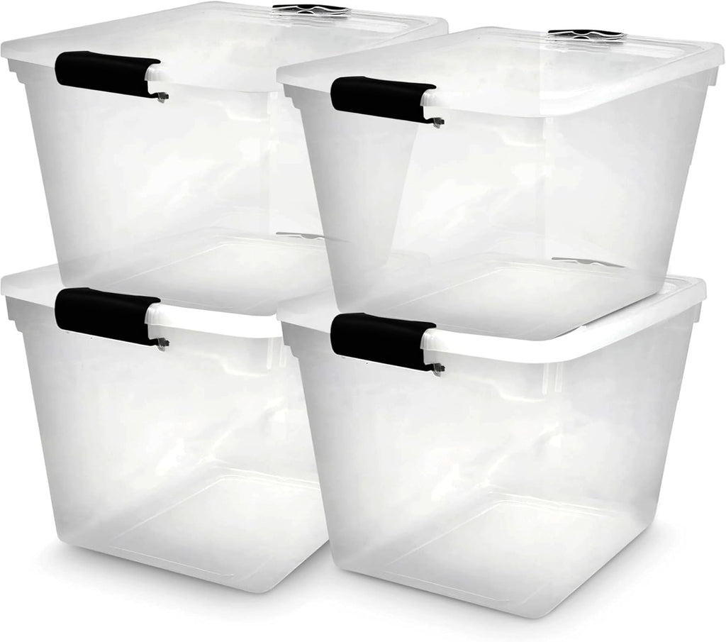 HOMZ 4-Pack Latching Lid, Large Clear Plastic Storage Bins with Lids, 31 Quart, Gray Latch - Stackable Container Boxes for Home, Bathroom, and Office Organization