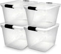 HOMZ 4-Pack Latching Lid, Large Clear Plastic Storage Bins with Lids, 31 Quart, Gray Latch - Stackable Container Boxes for Home, Bathroom, and Office Organization