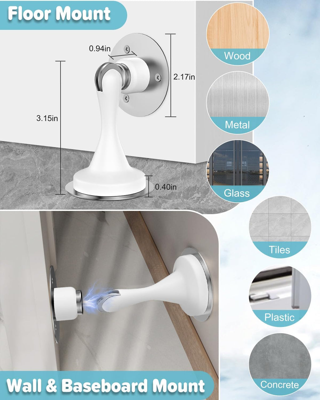 Magnetic Door Stoppers Door Catch - 2 Pack Stainless Steel Heavy Duty Door Stops for Bottom of Door, Wall & Floor Mounting No-Drill Strong Adhesive & Screws, Door Holder to Keep Door Open